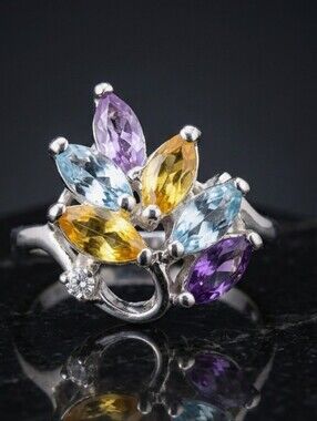 2.00ct AMETHYST Topaz Citrine Sterling Silver Leaf Ring size 7